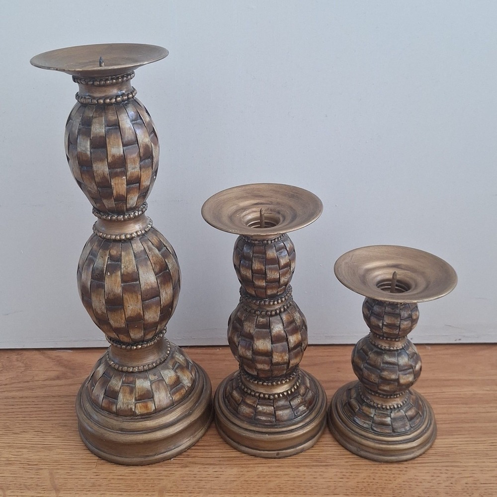 Vintage Ornate Brass Woven Basket Weave Candlesticks Set Of  3